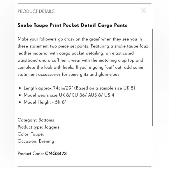 PRETTYLITTLETHING Snake Print Pocket Detail Cargo Pants in Taupe - Picture 10 of 11